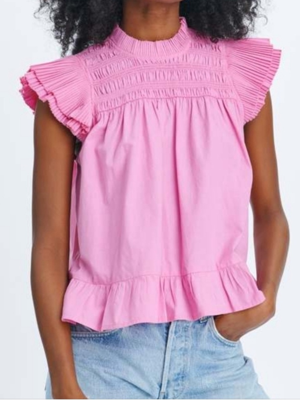 LOVE THE LABEL Poppy Top Blouse Barbie Pink High-Neck Ruffle Size M $175
